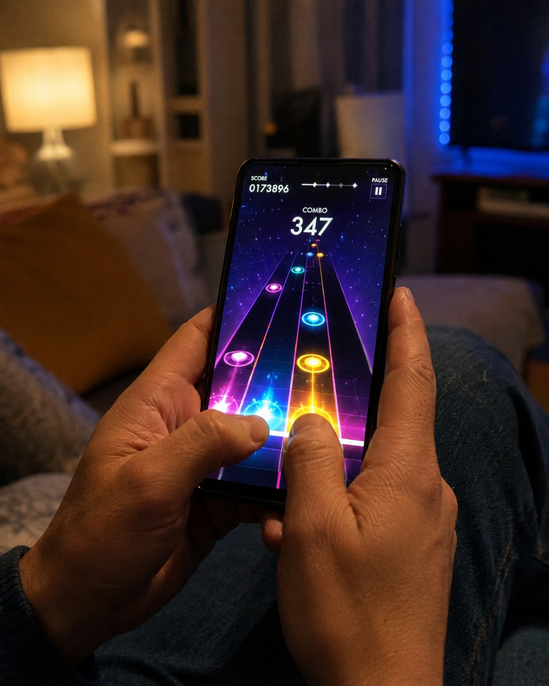 Smartphone displaying a fictional mobile game interface during a HubAetherCrown Australian gaming technology exhibition