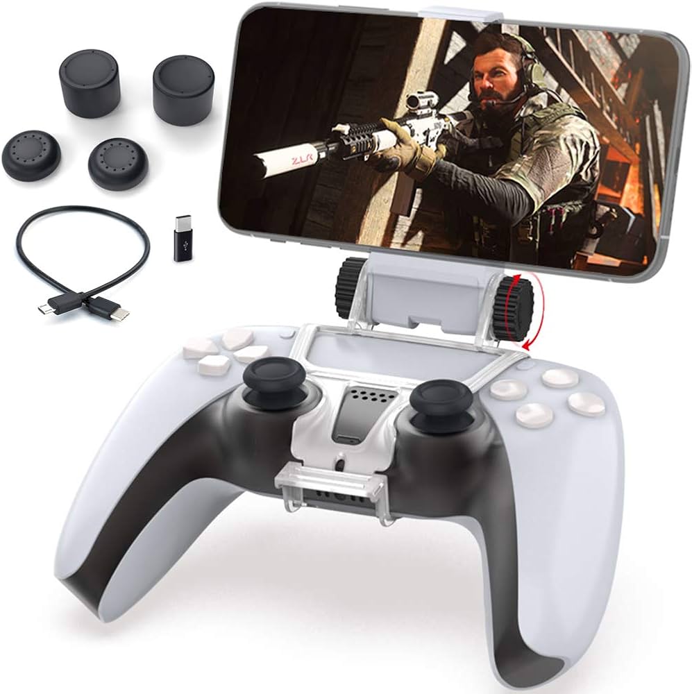 Mobile gaming demonstration shown on a smartphone screen attached to a controller clip during a technology showcase
